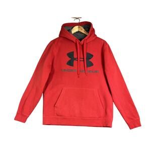 Under Armour Hoodie Mens Large Red Cold Gear Fitted Spellout Large Logo Pocket